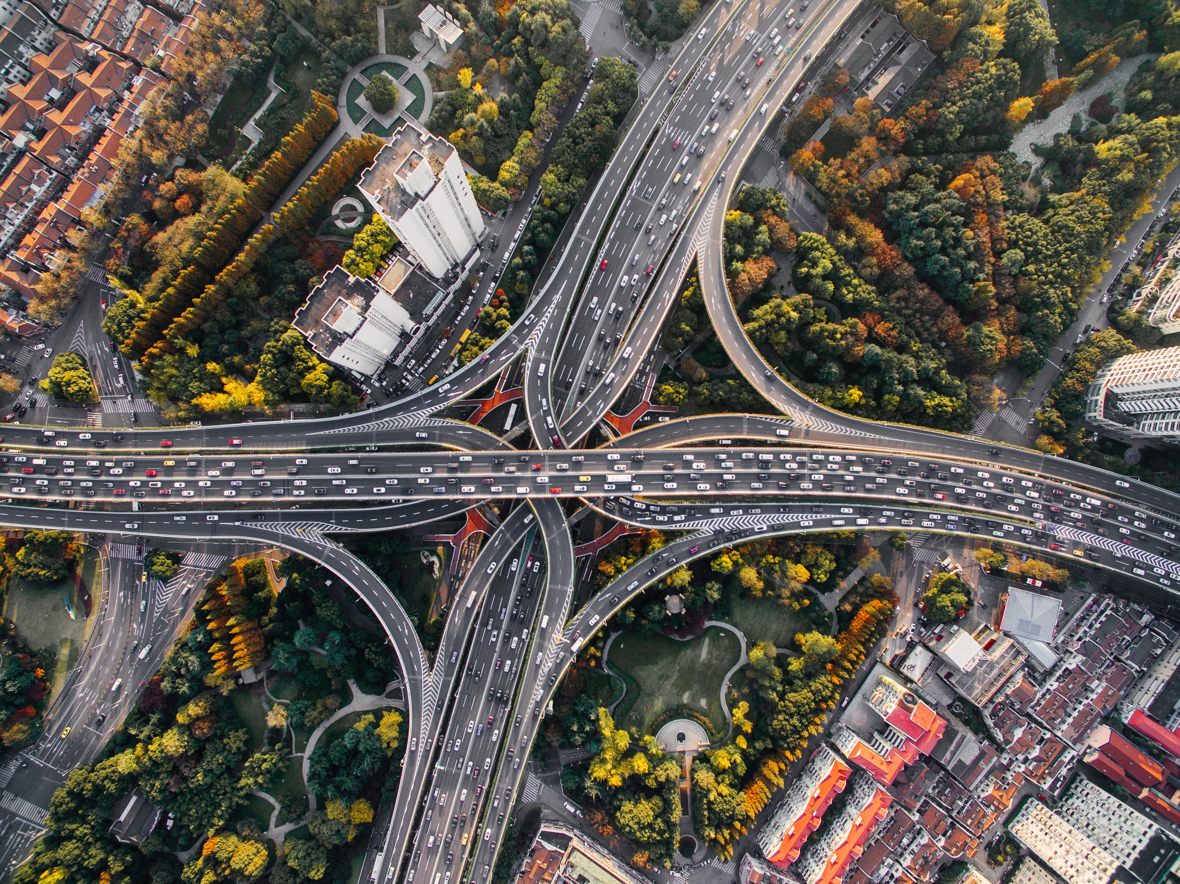 Aerial view of freeway interchange